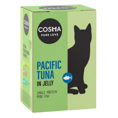 Cosma Pure Love Pacific Tuna in Jelly. Enkelproteinkälla, ren fisk. Förpackning med siluett av en katt och fisksymbol.