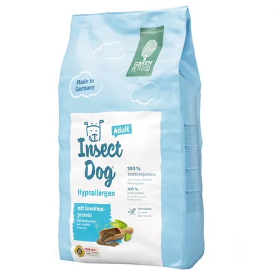 Sacchetto Green Petfood Insect Dog Adult Hypoallergen, 100% insetti come fonte proteica, senza cereali, Made in Germany, testo anche in tedesco e francese visibile sulla confezione.
