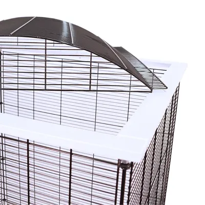 Metal cage with arched roof and white frame, suitable for small animals. Close-up of sturdy grid structure.