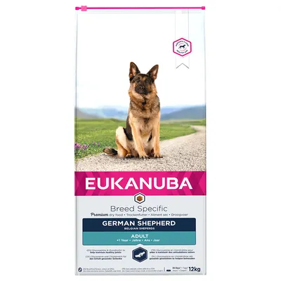 EUKANUBA Breed Specific German Shepherd Adult -kuivaruoka, 12 kg. Pakkauksessa saksanpaimenkoira ja tuotetiedot englanniksi. Sopii yli vuoden ikäisille aikuisille koirille.