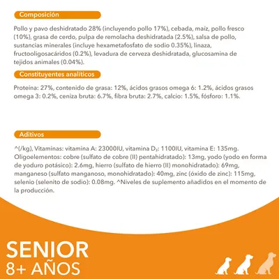Composición, constituyentes analíticos y aditivos de alimento para perros senior 8+ años: pollo, pavo, cereales, proteína 27 %, grasa 12 %, vitaminas A, D3, E, oligoelementos.