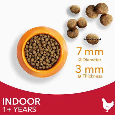 Kibble size shown as 7 mm diameter and 3 mm thickness, suitable for indoor pets aged 1 year and older.