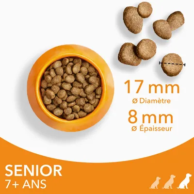 Croquettes pour chien senior 7+ ans, diamètre 17 mm, épaisseur 8 mm, présentées dans une gamelle orange et en gros plan. Texte visible : SENIOR 7+ ANS, 17 mm diamètre, 8 mm épaisseur.