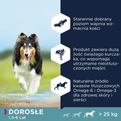 DOROSŁE 1,5–6 lat, powyżej 25 kg. Starannie dobrany poziom wapnia wzmacnia kości. Duża ilość świeżego kurczaka wspomaga utrzymanie mięśni. Omega-6 i Omega-3 dla skóry i sierści.