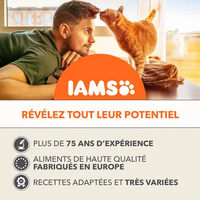 IAMS. Révélez tout leur potentiel. Plus de 75 ans d’expérience, aliments de haute qualité fabriqués en Europe, recettes adaptées et très variées.