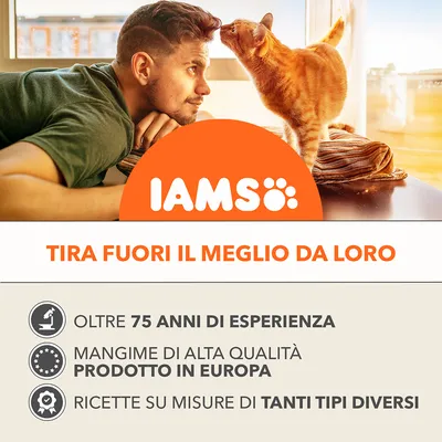 IAMS. Tira fuori il meglio da loro. Oltre 75 anni di esperienza, mangime di alta qualità prodotto in Europa, ricette su misura di tanti tipi diversi.