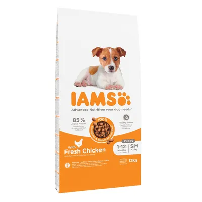 IAMS dry food with fresh chicken, 85% animal protein, for puppies aged 1-12 months, small to medium size under 25kg, 12kg bag, complete and balanced nutrition.