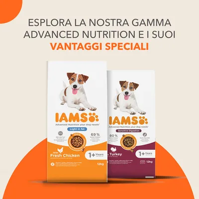 Due confezioni di crocchette IAMS per cani, Light in fat con pollo fresco 12 kg e Sensitive Digestion con tacchino 12 kg. Testo: Esplora la nostra gamma Advanced Nutrition e i suoi vantaggi speciali.
