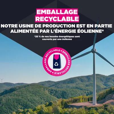 Emballage recyclable. Le site de production est partiellement alimenté par de l'énergie éolienne, 25 % des besoins énergétiques étant couverts par une éolienne. Emballage recyclable. Le site de production est partiellement alimenté par de l'énergie éolienne, 25 % des besoins énergétiques étant couverts par une éolienne.