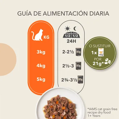 Guía de alimentación diaria para gatos: 3 kg, 4 kg y 5 kg. Indica raciones de 85 g húmedo por día y opción de sustituir 1 sobre por 21 g de IAMS cat grain free dry food 1+ Years.