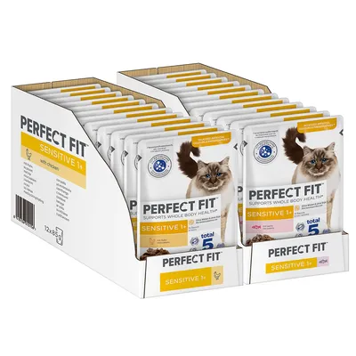 Perfect Fit Sensitive 1+ kanaa sisältävä märkäruoka kissoille, 12 x 85g pakkauksessa. Tukee kehon terveyttä. Ei keinotekoisia väri- tai säilöntäaineita.