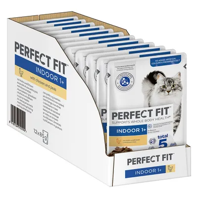 Perfect Fit Indoor 1+ alimento para gatos con pollo y guisantes, 12x85g. Favorece la salud integral. Sin colorantes ni conservantes artificiales.