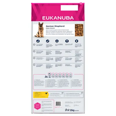 EUKANUBA German Shepherd -koiranruokapakkaus, näkyvissä ruokapalan kuva, paino 12 kg. Pakkausteksti englanniksi ja muilla kielillä, ruokintaohjeet ja taulukko koiran painon mukaan.
