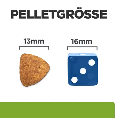 Pelletgrösse: Vergleich von 13mm Pellet mit dreieckiger Form und 16mm Würfel.