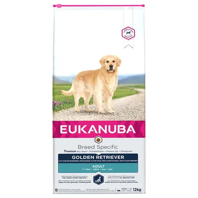 EUKANUBA Breed Specific Golden Retriever Adult tørfoder, 12 kg. Tekst: Premium dry food, GOLDEN RETRIEVER, ADULT +1 Year, 41 Dage*, 12 kg. Billede af en golden retriever på stien.