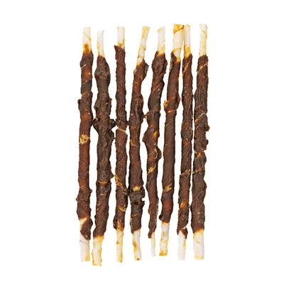 Plusieurs bâtonnets à mâcher bruns avec un cœur blanc, adaptés comme snack ou récompense pour animaux de compagnie.