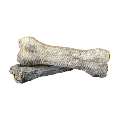 Two dog chews in bone shape made from dried fish skin, textured surface visible.
