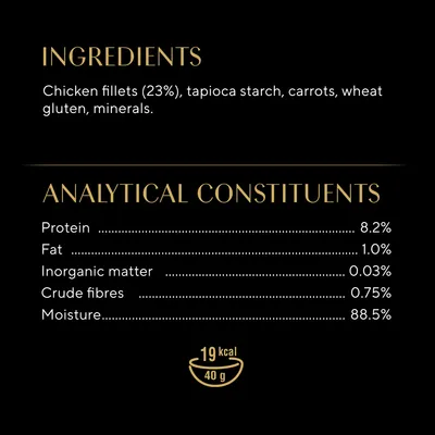 Ingredienser: Chicken fillets (23 %), tapioca starch, carrots, wheat gluten, minerals. Analytical constituents: protein 8,2 %, fat 1,0 %, inorganic matter 0,03 %, fibre 0,75 %, moisture 88,5 %. 19 kcal/40 g.