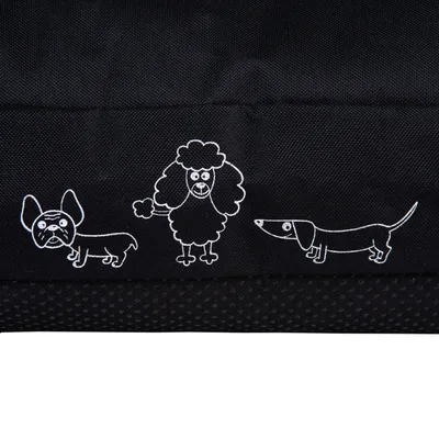 Illustrationer af tre hunde: fransk bulldog, puddel og gravhund på sort baggrund.