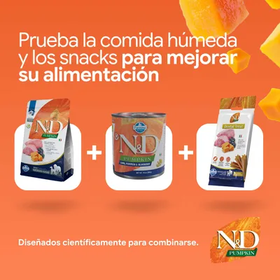 N&D Pumpkin pienso, comida húmeda y Dental Treats. Desarrollado científicamente para combinarse. Para una mejor nutrición.