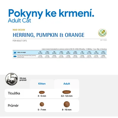 Doporučení pro krmení pro dospělé kočky: denní množství podle hmotnosti, např. 2 kg: 22–26 g, 5 kg: 44–50 g. Rozměry granulí: kotě 4–5 mm tloušťka, 5–7 mm průměr; Adult 3,5–5,5 mm tloušťka, 8–10 mm průměr. Doporučení pro krmení pro dospělé kočky: denní množství podle hmotnosti, např. 2 kg: 22–26 g, 5 kg: 44–50 g. Rozměry granulí: kotě 4–5 mm tloušťka, 5–7 mm průměr; Adult 3,5–5,5 mm tloušťka, 8–10 mm průměr.