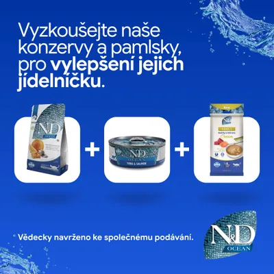N&D Ocean granule, konzerva tuňák a losos a Adult Cream zobrazeno. Text: Pro vylepšení jídelníčku. Vědecky vyvinuto pro společné krmení. N&D Ocean granule, konzerva tuňák a losos a Adult Cream zobrazeno. Text: Pro vylepšení jídelníčku. Vědecky vyvinuto pro společné krmení.