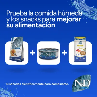 N&D Ocean pienso, N&D Ocean comida húmeda de atún y salmón y N&D Adult Cream Snack. Desarrollado científicamente para combinarse.