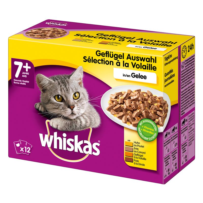 Whiskas Geflügel Auswahl in Gelee, τροφή γάτας 7+ ετών, συσκευασία με 12 φακελάκια. Ορατή γάτα, πιάτο με κομμάτια σε ζελέ, ενδείξεις για βιταμίνες και μέταλλα.