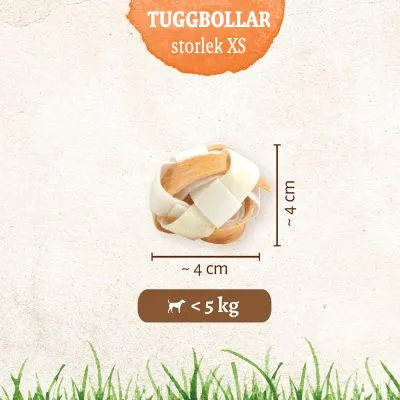 TUGGBOLLAR storlek XS, diameter cirka 4 cm. Symbol för hund under 5 kg.