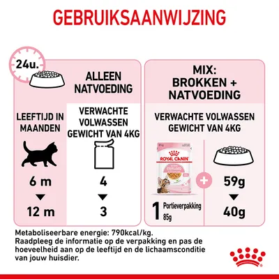 Gebruiksaanwijzing Royal Canin: alleen natvoeding, 4 tot 3 porties per dag voor katten van 6–12 maanden; mix brokken en natvoeding, 1 portie natvoer plus 59g tot 40g brokjes.
