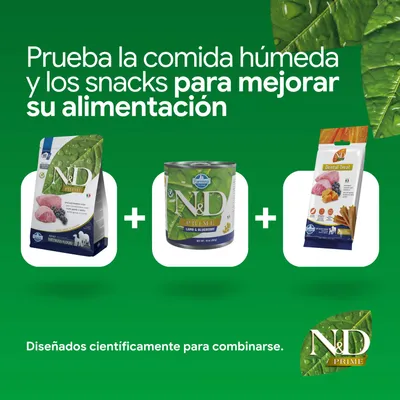N&D Prime pienso, comida húmeda y Dental Treats. Desarrollado científicamente para combinarse. Para una mejor nutrición.