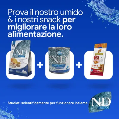 N&D Ocean crocchette, alimento umido e dental treats. Sviluppato per migliorare la nutrizione. Formulato scientificamente per una combinazione ottimale.