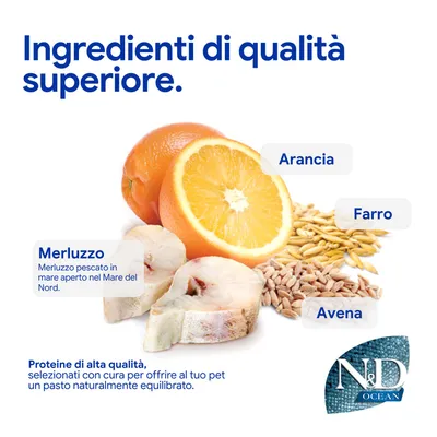 Componenti: merluzzo del Mare del Nord, arancia, farro, avena. Proteine di alta qualità per un pasto equilibrato. N&D Ocean.