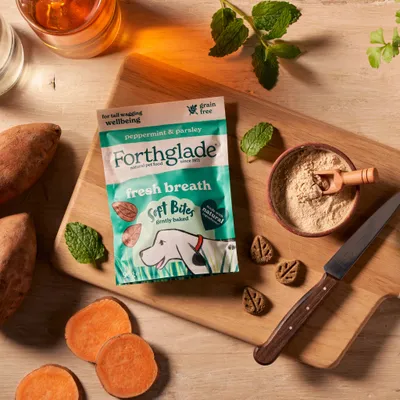 Forthglade peppermint and parsley fresh breath soft bites, grain free, gently baked, made with natural ingredients. Pack shown with sweet potato slices, mint leaves and powder.