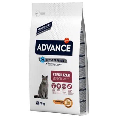 Advance Active Defense Sterilized Senior krmivo pro kočky, 10 kg, pro kastrované kočky nad 10 let, vysoký obsah bílkovin 37 %, hlavní složka kuře, vědecky ověřeno s polyfenoly.