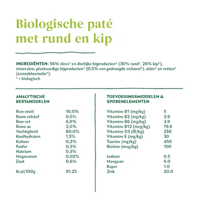 Biologische paté met rund en kip. Ingrediënten: 56% vlees, 30% rund, 26% kip. Voedingsanalyse: eiwit 10%, vet 6%, vezel 0,5%, as 2%, vocht 80%. Vitaminen en mineralen per kg vermeld.
