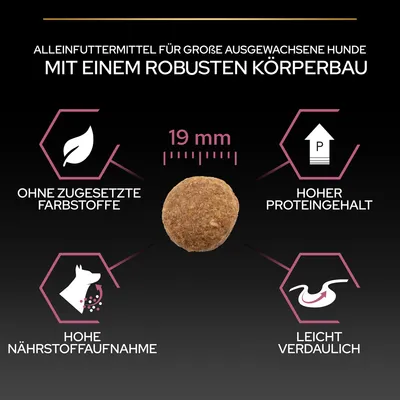 Alleinfuttermittel für grosse ausgewachsene Hunde mit robustem Körperbau. Eigenschaften: ohne zugesetzte Farbstoffe, hoher Proteingehalt, hohe Nährstoffaufnahme, leicht verdaulich. Grösse: 19 mm.