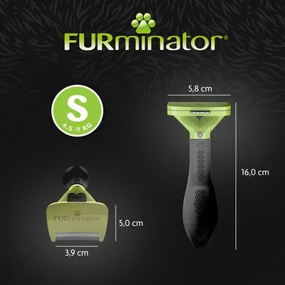 FURminator S, geschikt voor 4,5–9 kg. Afmetingen: breedte 5,8 cm, hoogte 16,0 cm; kopbreedte 3,9 cm, kophoogte 5,0 cm. Product zichtbaar in groen en zwart.