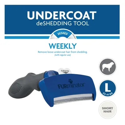 Herramienta Furminator Undercoat deShed para perros de pelo corto, talla L (23–41 kg). Indicado para uso semanal. Incluye texto: WEEKLY, SHORT HAIR, FURjector.