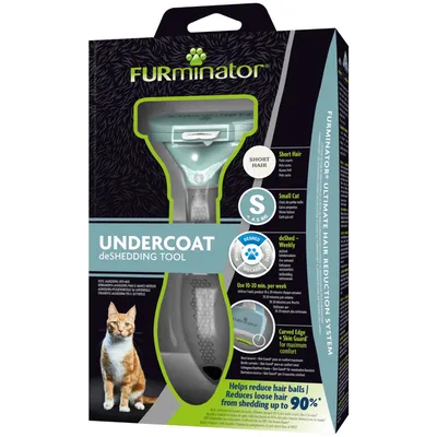 FURminator Undercoat deShedding Tool для кошек с короткой шерстью, размер S до 4,5 кг. Уменьшает линьку до 90%. Рекомендуется 10–20 минут в неделю. С Skin Guard для комфорта.