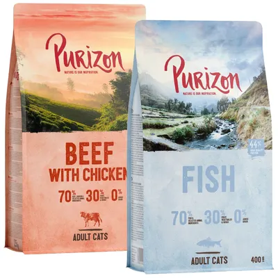 Purizon BEEF WITH CHICKEN og Purizon FISH tørfoder til voksne katte. 70 % animalske ingredienser, 30 % frugt/urter, 0 % korn. FISH-varianten: 44 % protein, 400 g.