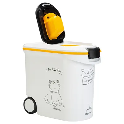 Weisser Futterbehälter mit gelbem Deckel, Katzengrafik und Text 'so tasty' sowie 'dinner is served'.