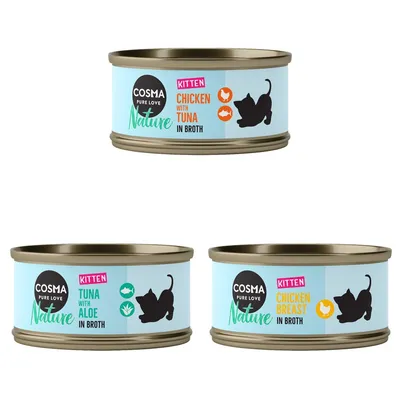 Cosma Nature Kitten Nassfutter: Chicken with Tuna in Broth, Tuna with Aloe in Broth, Chicken Breast in Broth. Dosen mit Katzenmotiv.
