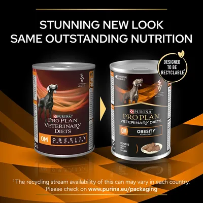Image shows Purina Pro Plan Veterinary Diets OM Obesity Management cans with updated packaging, highlighting a new look, same nutrition, and that the can is designed to be recyclable.