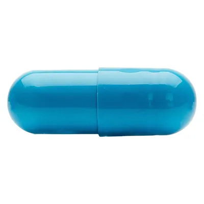 Blå kapsel i plast, avlång form. Ingen synlig text eller varumärke på kapseln.