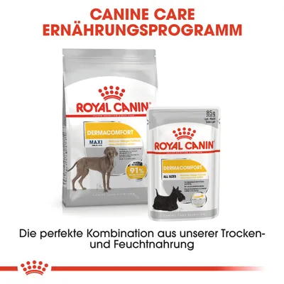 ROYAL CANIN DERMACOMFORT MAXI croquettes et DERMACOMFORT ALL SIZES sachet 85 g, programme nutritionnel pour chien. Texte en allemand : Canine Care Ernährungsprogramm.