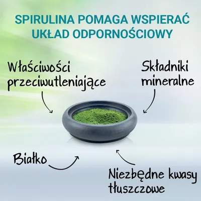 SPIRULINA POMAGA WSPIERAĆ UKŁAD ODPORNOŚCIOWY. Właściwości przeciwutleniające, składniki mineralne, białko, niezbędne kwasy tłuszczowe.