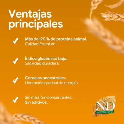 N&D Ancestral Grain: Más del 90% de proteína animal, índice glucémico bajo, cereales ancestrales para una liberación lenta de energía, sin maíz, conservantes ni aditivos.
