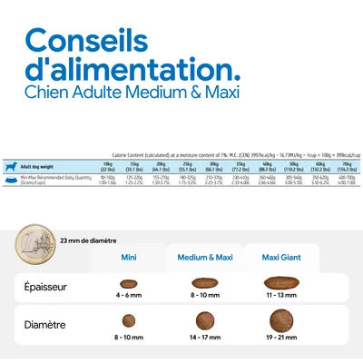 Recommandation d’alimentation pour chiens adultes medium et maxi : quantité journalière selon le poids en grammes/tasses, dimensions des croquettes mini, medium et maxi, maxi giant avec diamètre et épaisseur. Recommandation d’alimentation pour chiens adultes medium et maxi : quantité journalière selon le poids en grammes/tasses, dimensions des croquettes mini, medium et maxi, maxi giant avec diamètre et épaisseur.
