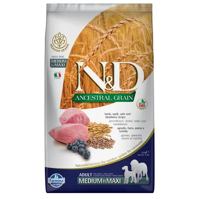 N&D Ancestral Grain cibo per cani adulti, Medium & Maxi. Ricetta con carne di agnello, farro, avena e mirtilli. Senza OGM, formula italiana.